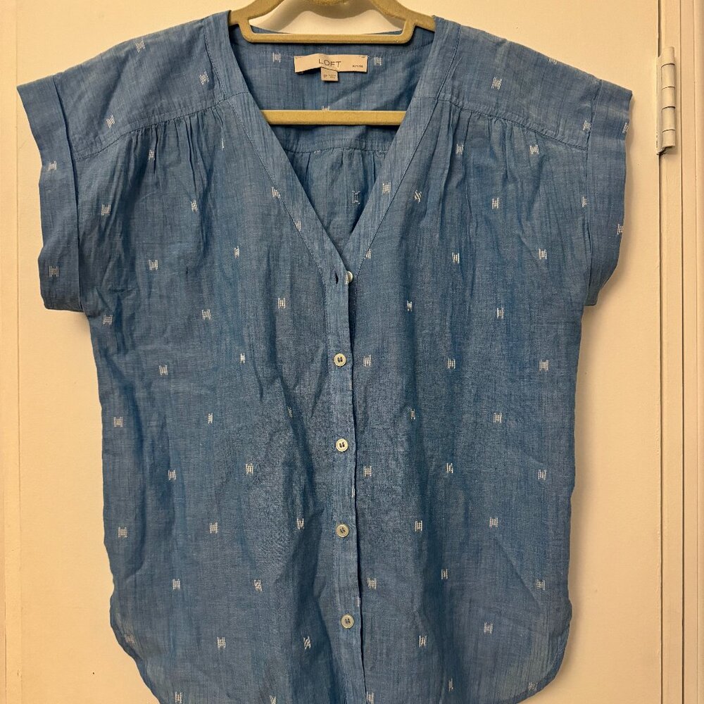 LOFT Dolman Button Front Shirt  - Light Blue White Accents - Size Small Petite